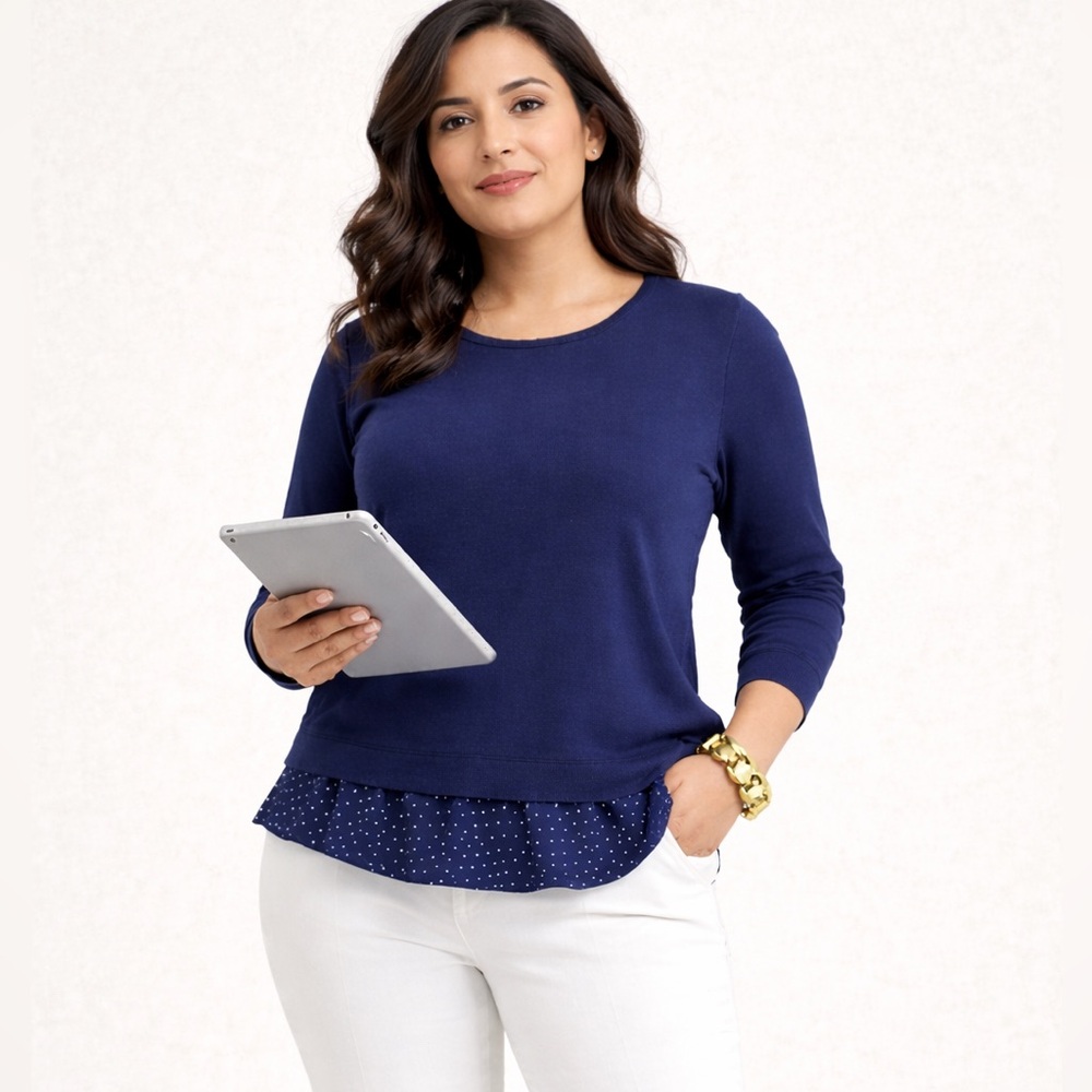 LOFT Plus Navy Long Sleeve Top Polka Dot Layered Hem Classic‎ Chic 16/18